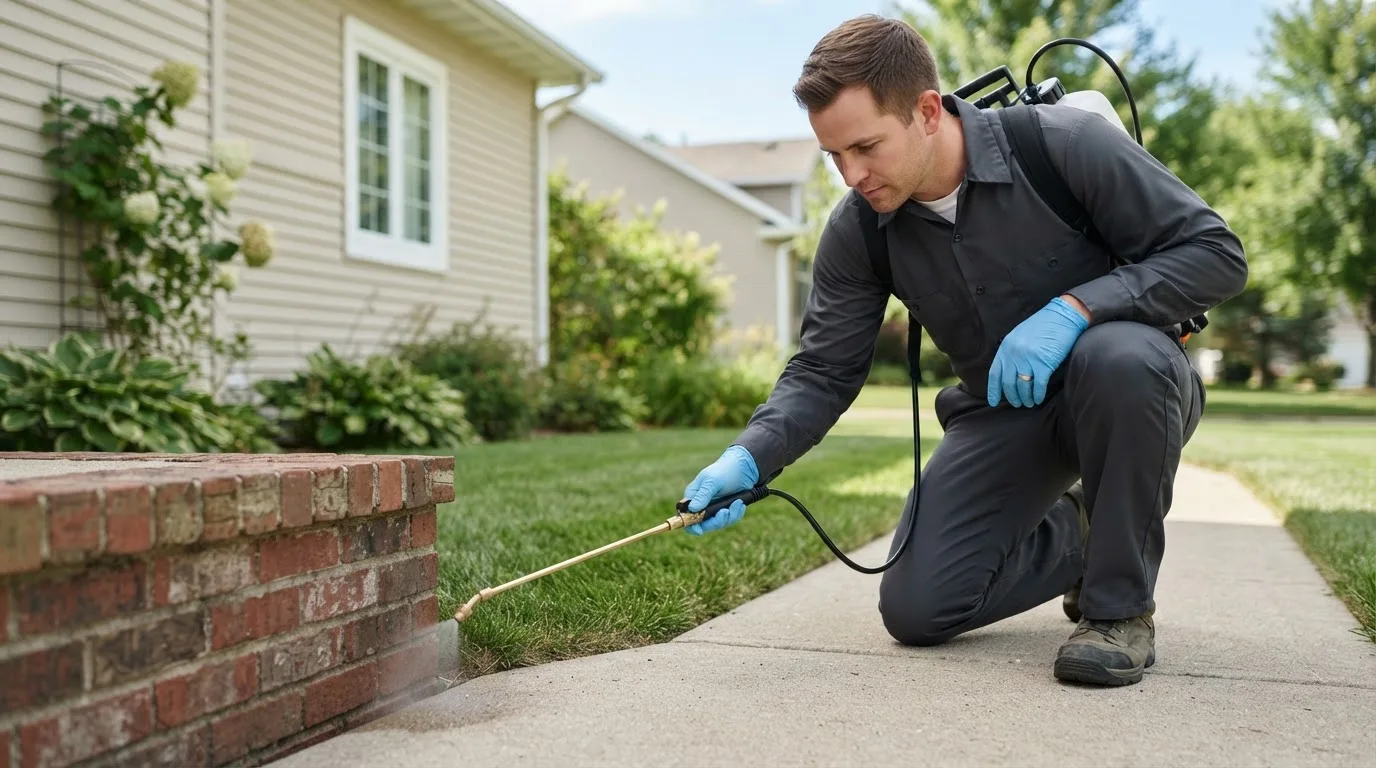 Pest control technician treating a home near Pennsburg, PA